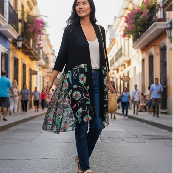 Kim & Cami Embroidered Mesh Floral Cardigan – Black Sheer Boho Layering Piece - Picture 12 of 12